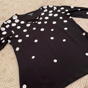Allison Daley top, white dots, polyester blend, machine washable, PS